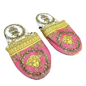 New Versace Medusa Pink and Gold Terry Fabric Slip-Ons